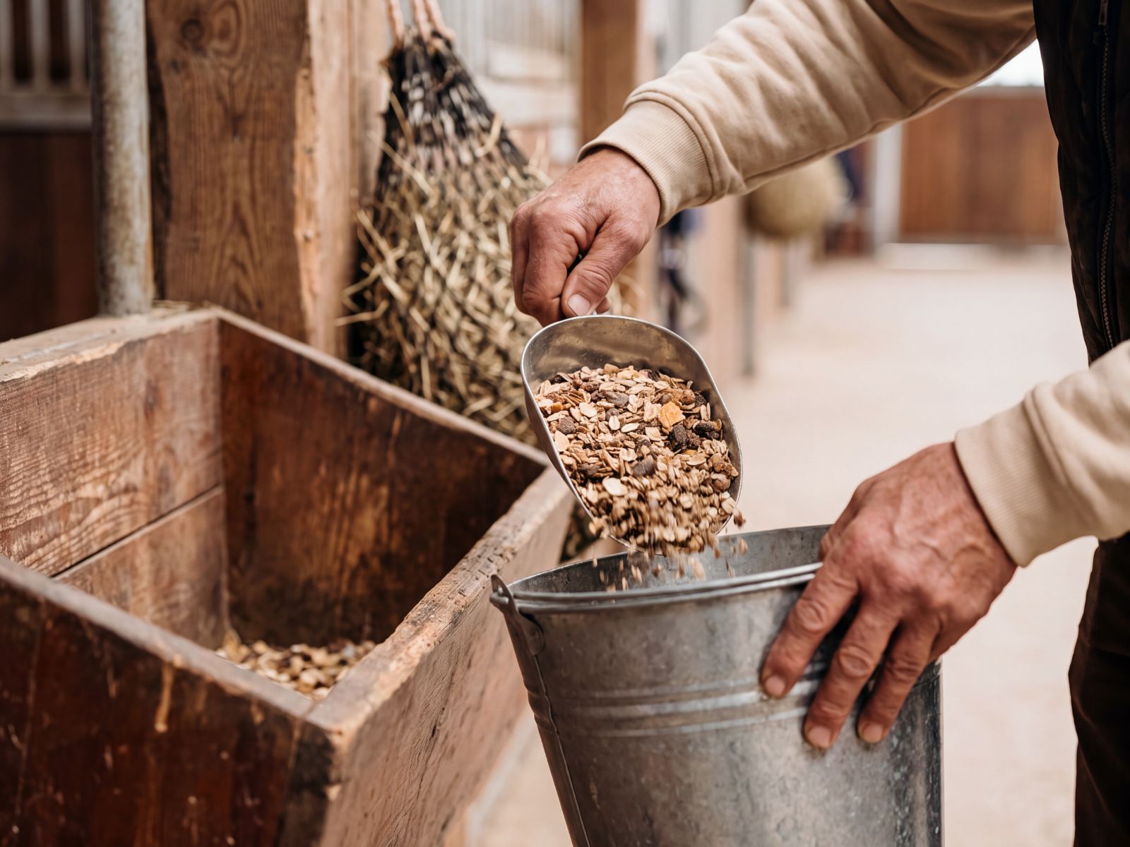 Zwei Hände schütten mit einer Metallschaufel Müsli aus einer Holzkiste in einen Zinkeimer, dahinter ein Heunetz in der Stallgasse.