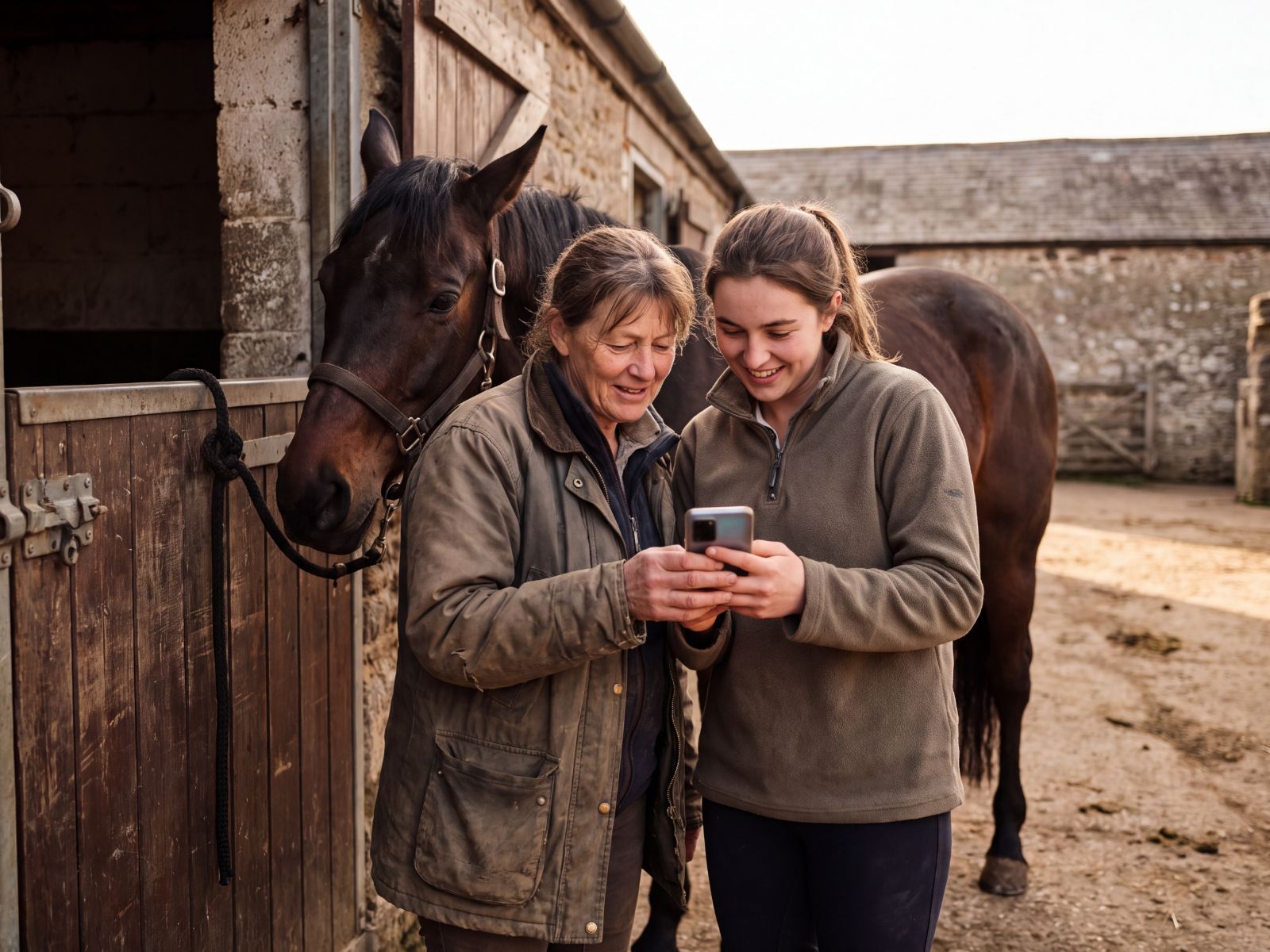 Zwei Frauen unterschiedlichen Alters schauen vor einer Stalltür gemeinsam auf ein Smartphone, neben ihnen ein dunkelbraunes Pferd.